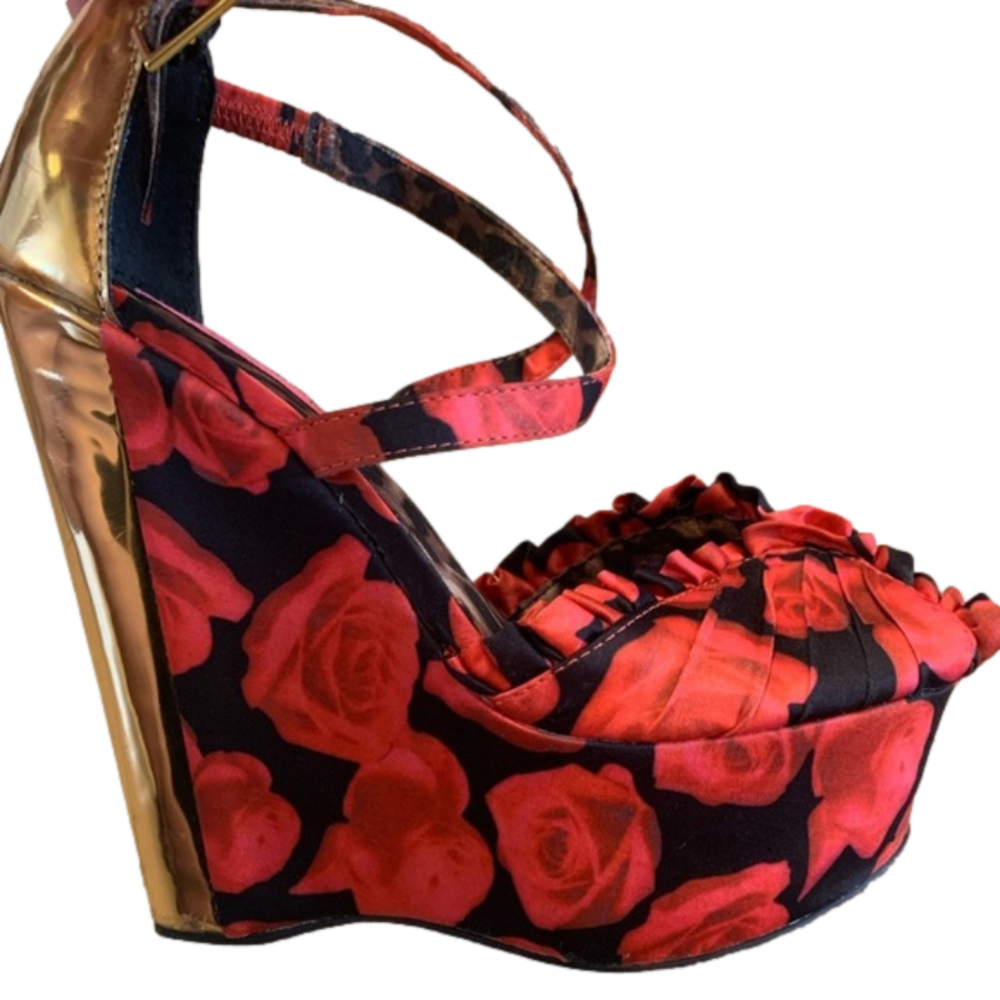 Betsey Johnson Red Rose Floral Gold Wedge Platform Heels - Picture 5 of 14